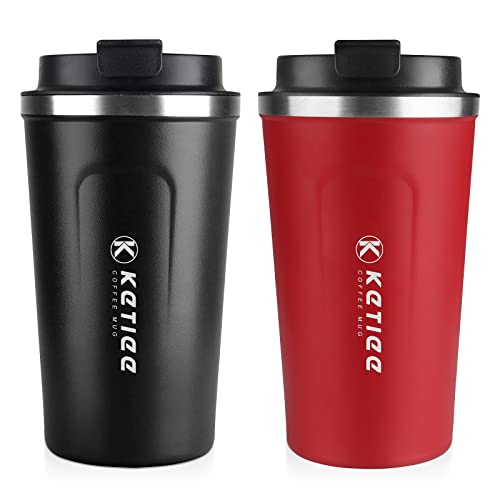 KETIEE Travel Mug Set of 2, 12oz Insulated Travel Coffee Mug to Go, Coffee Tumbler, Reusable Coffee Cups with Lid, Vacuum Stainless Steel Coffee Travel Mug for Hot/Cold Coffee Tea (Black+Red