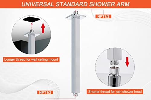 Image of Ceiling Mounted Shower Arm, Rain Shower Square Extension Arm with Flange and Teflon Tape Stainless Steel Ceiling Mount Shower Extender (12 Inch, Chrome)