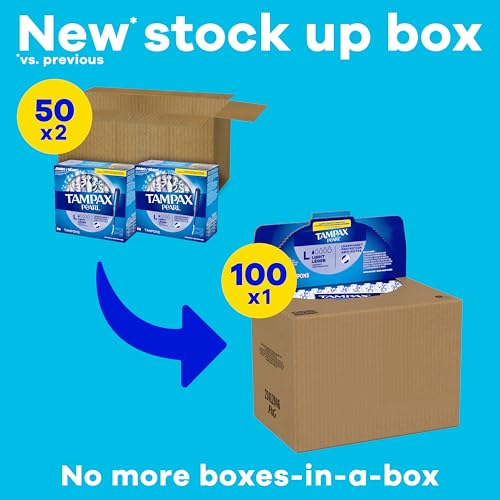 Image of Tampax Pearl Tampons, with LeakGuard Braid, Light Absorbency, Up to 100% Leak and Odor Free Protection, Unscented, 100 Count (2 Packs of 50) (Packaging May Vary)