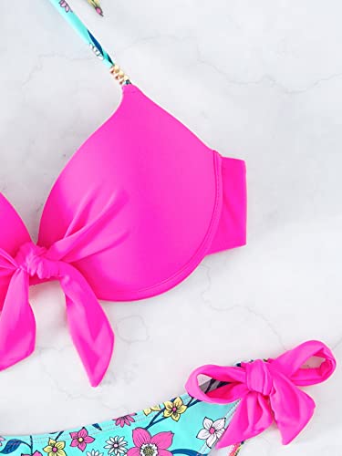 Milumia Women's 2 Piece Floral Print Push Up Bikini Sets Knot Side Halter Swimsuits4