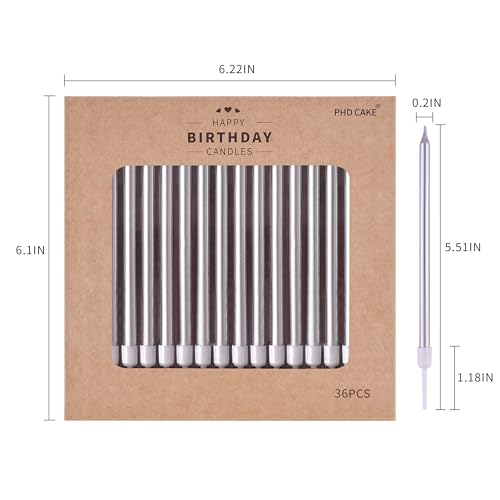 Image of PHD CAKE 36-Count Silver Long Thin Metallic Birthday Candles, Cake Candles, Birthday Parties, Wedding Decorations, Party Candles, Cake Decorations