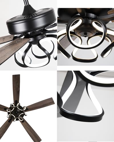 Image of 52 Inch Ceiling Fans with Lights, Creative Modern Black Ceiling Fan and Remote, Dimmable, 6 Speeds, Quiet, Dual-Sided Reversible 5 Blades Indoor Outdoor Chandelier Fan for Bedroom Living Room