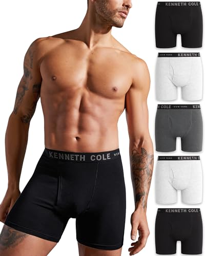 Kenneth Cole Men's Underwear - Cotton Stretch Boxer Briefs with Pouch - 5 Pack Classic Multipack Boxer Briefs for Men (S-XL), Black/Charcoal/Grey, S