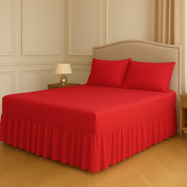 Night Zone Fitted Frilled Valance Sheet King Red – 25cm Deep Elasticated Sheet with 30cm All-Around Frill – Fits Over Mattress & Down to the Floor – Polycotton Bed Skirt for Bed Base