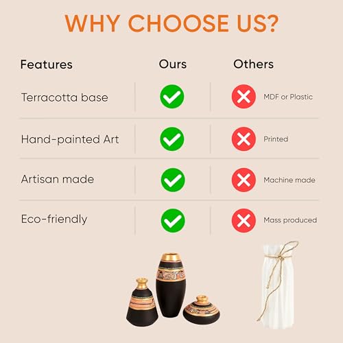 Image of Aakriti Art Creations Vase Earthen Black Madhubani Set of 3 | Handmade Terracotta Flower Vases | Matte Finish Madhubani Art Decorative Vases for Living Room, Table Decor & Gifting