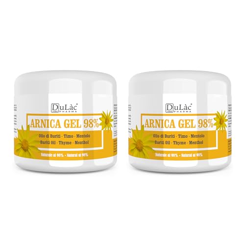 DuLàc, Gel con Árnica 98% con Aceite de Buriti, Tomillo y Mentol, para Masajear los Músculos y las Articulaciones, Testado Dermatológicamente y Sin Níquel, 2 x 500 ml, Made in Italy