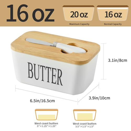 Butter Dish with Lid - Hasense White Ceramic Butter Dish with Airtight Cover and Knife for Countertop, Large Butter Holder Keeper Container with Silicone Sealing Ring for West East Coast