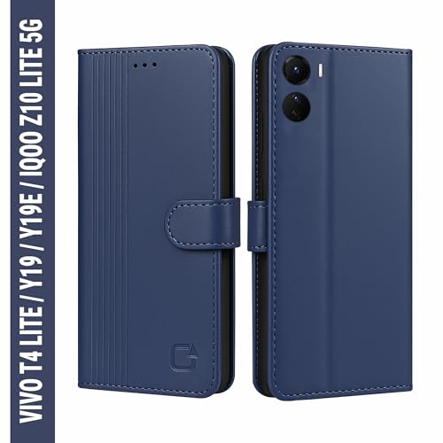 Image of AIBEX Shock Proof Flip Compatible for Vivo T4 Lite 5G /iQOO Z10 Lite 5G /Vivo Y19 5G /Vivo Y19e Flip Cover Leather Finish|Inside TPU with Card Pockets|Wallet Stand|Complete Protection Flip Case - Blue