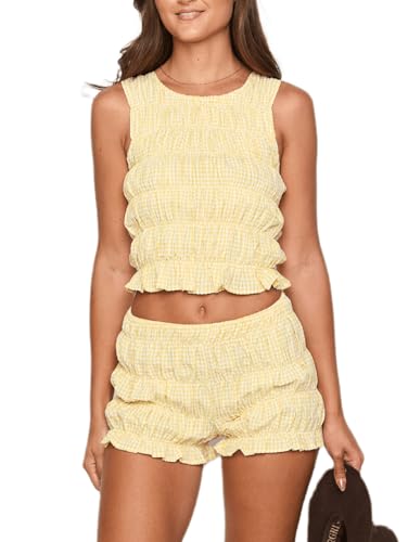 Argeousgor Women Y2K Smocked Shorts Set Tiered Ruched Shirred Tank Top Ruffle Frill Bloomer Pleated Shorts Set