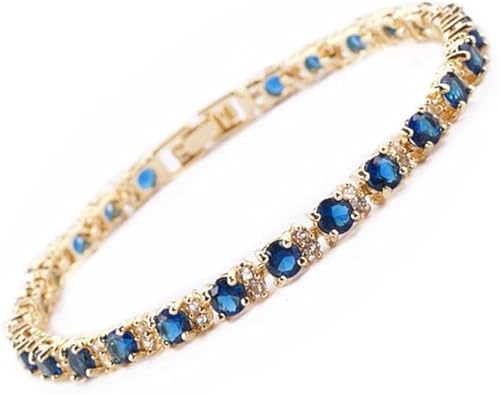 RIZILIA Ewigkeit Tennis Armband [18cm/7inch] mit Rundschliff Edelstein Zirkonia CZ [Blau Saphir] in Gelbgold Vergoldet, Einfache Moderne Eleganz