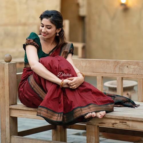 Image of DHIHA Gadwal Cotton Saree for Women | Pure Kalyani Cotton Saree with Zari Border Tassels & Blouse | Kanjivaram Linen Silk | Handloom Weave