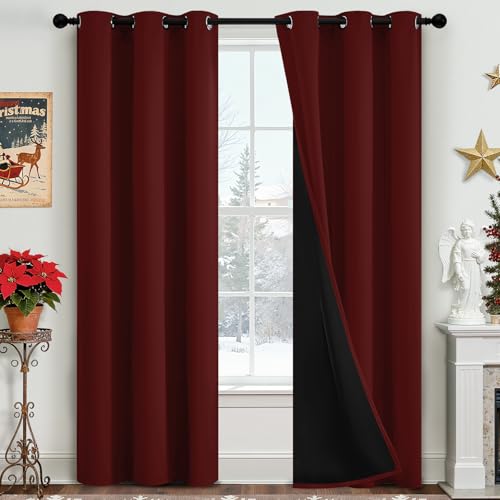 Yakamok 100% Blackout Curtains for Bedroom 2 Panels - Completely Blackout Window Drapes Thermal Insulate Window Panels with Black Backing for Living Room Grommet Top (38 by 84 inches Burgundy Red)