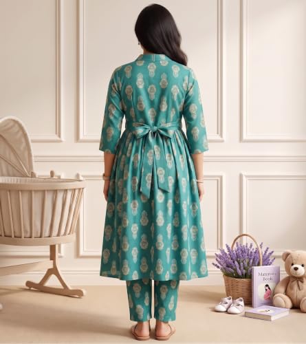 Image of DUMMY SHAPE Maternity Dresses for Women Cotton | Floral Kurta Pant Dupatta Set with Nursing Zippers, Side Pocket | Pre & Post Pregnancy | Feeding Kurti Suit | Baby Shower | Gifts for Pregnant Woman