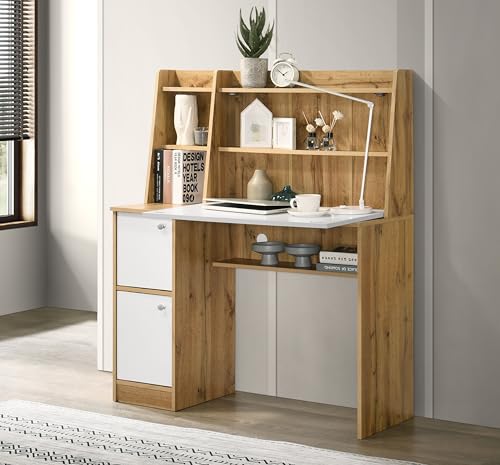 Image of DeckUp Aston Home Engineered Wood Study Table and Office Desk (Wotan Oak & White, Matte Finish)