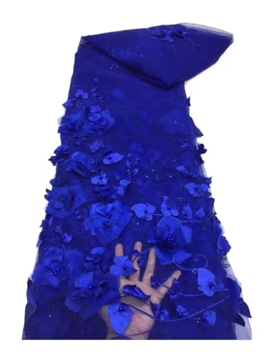 Dentelle bleu roy au mètre tissu brodé de fleurs 3D et perles largeur 130cm