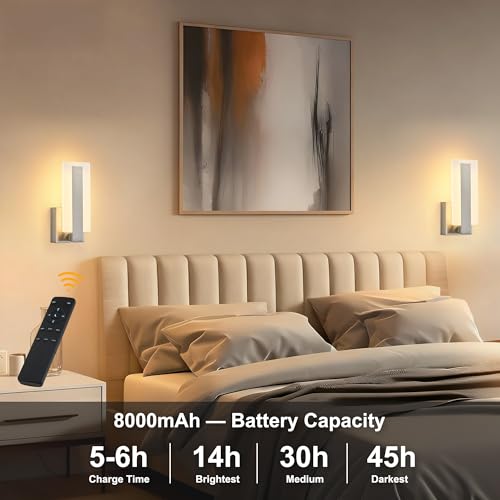 Image of KARTOOSH Rechargeable Wireless Wall Sconces,Battery Operated Modern Wall Light Set of Two with Remote Control,Dimmable,3000K /4000K /6000K,Timer,Cordless Lighting for Hallway,Bedroom,Living Room Nickel