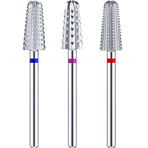 3 Pieces Nail Carbide Volcano Bits, Nail Carbide 5 in 1 Bit, Nail Drill Bits Set 2 Way Rotate Use for Both Left to Right Handed, 3/32 Inches Shank Size Drill Machine, 3XC, M, F (Silver)