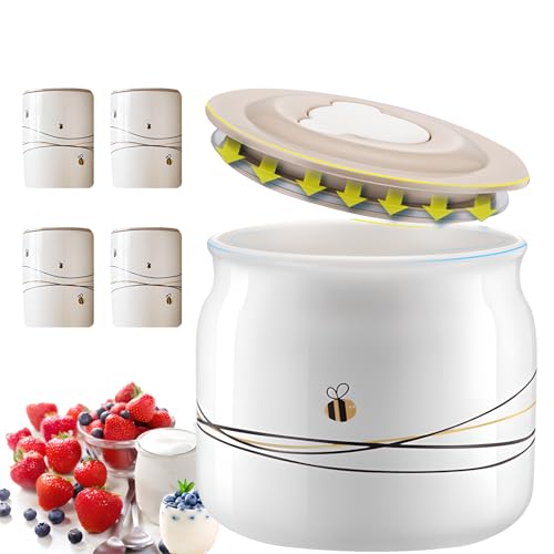 XoTiq - Yoghurt Maker Accessories, 0.5L Fermenter with 4 small, Ceramics Yogurt Maker Jars, Kitchen Accessories for Thick Greek Yogurt, Homemade Dairy Free Yogurt Culture, Easy Yoghurt Maker with Dairy Jars