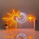 ✔️【Design unique】 : Arborant un design qui allie un soleil jaune-doré éclatant, un croissant de lune d'un blanc pur et une constellation d'étoiles, les lignes de néon se distinguent par leur netteté et leur dynamisme. Le jeu des tons froids et chauds évoque une atmosphère romantique — un univers où « le soleil et la lune brillent à l'unisson, accompagnés par l'éclat des étoiles » — transformant cette pièce en une véritable œuvre d'art dès l'instant où elle s'illumine.