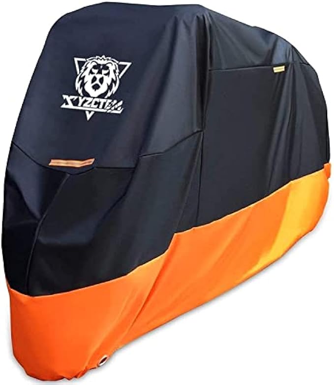 XYZCTEM Motorcycle Cover – All Season Waterproof Outdoor Protection – Precision Fit up to 108 Inch Tour Bikes, Choppers and Cruisers – Protect Against Dust, Debris, Rain and Weather(XXL,Black& Orange)