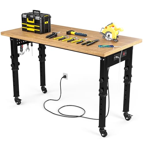 YITAHOME Adjustable Workbench with Wheels 48in Work Bench for Garage W/Pegboard & Power Outlets Heavy-Duty Workstation, 1600 LBS Load Capacity for Workshop, Office, Home Outdoor 48"L X 24"D