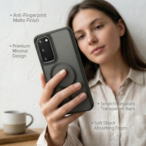 Image of Amazon Basics Magnetic Case for Samsung Galaxy S20FE 5G - Compatible with MagSafe, Slim Translucent Matte Frosted Back, Metal Buttons & Enhanced Camera Protection - Black