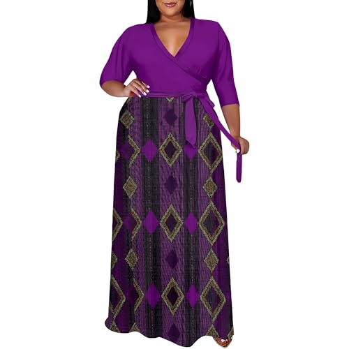 Plus Size African Print Maxi Dress for Women Purple V Neck Wrap Dress 3/4 Sleeve Long Church Dresses with Belt 6X-Large Plus