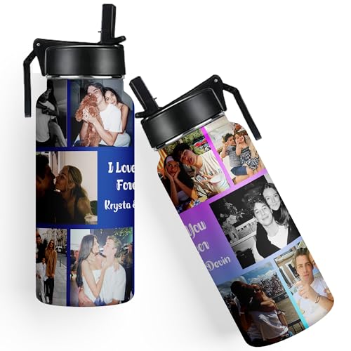 DIYKST Personalized Water Bottles with Straw for Adults Women 18oz/32oz Insulated Custom Water Bottle with Photo/Picture/Name Customized Gifts for Kids Family Couples Christmas Birthday