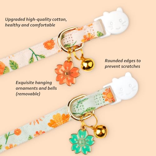image for FYEQYAOU 2 Pack Cotton Breakaway Cat Collar,Beige&Green Flowers Pendan