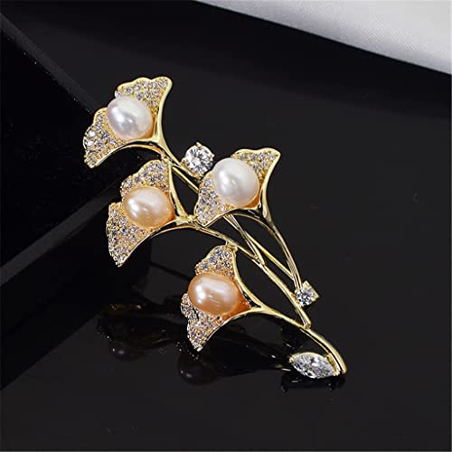 Broche Ginkgo en feuille d'or et perle d'eau douce naturelle pour femme de prestige
