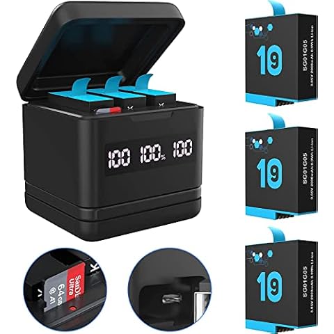 Battery Charger for GoPro Hero 10 / 9, 3-Pack 2000mAh Replacement Batteries and 3 Channel Battery Charger Station Compatible with Hero 10/ Hero 9 Black Official Cover