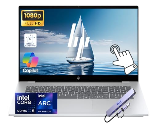 Image of HP OmniBook, 17.3 inch FHD Touch Screen Business Laptop Computer, 8-Core Intel Core Ultra 5 226V, Windows 11 Home, Backlit Keyboard, Numeric Keypad, Docking Station, Glacier Silver (16GB RAM | 1TB SSD)