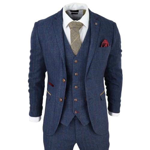 TruClothing Mens Blue 3 Piece Suit Herringbone Tweed Checked Formal Dress Suits3