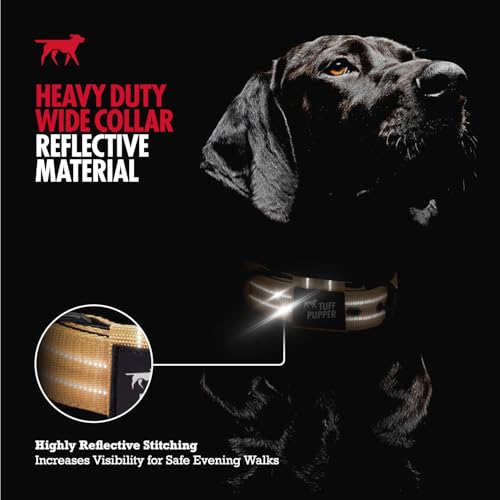 Image of Tuff Pupper Heavy Duty Tactical Dog Collar | 1.5 inch Wide Ballistic Nylon | Reflective Stitching | Integrated ID Tag Holder | Stainless Steel Buckle | Padded Lining | Medium & Large Dogs (Tan, Large)