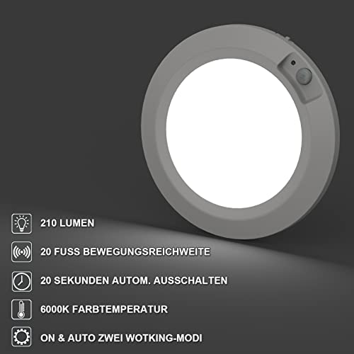 Awanber Deckenleuchte Batteriebetrieben mit Bewegungsmelder, 210LM LED Batterie Lampe Innen Aussen Hell Wandlampe Kabellos für Schrank, Schuppen, Keller, Garage, Flur - Ø16cm 6000K Kaltweiß (2 Stück)