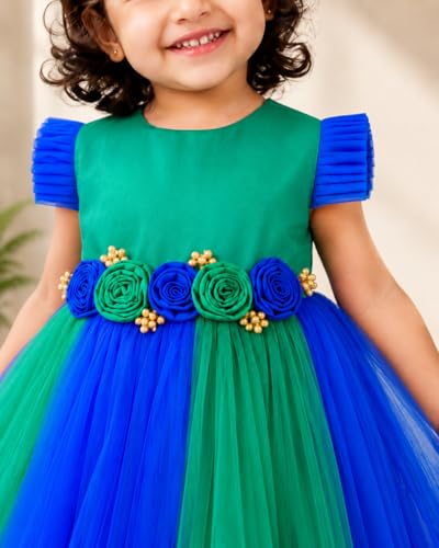 Image of Stanwells Kids Baby Girl Peacock Blue Net Frock Birthday Kids Dress for Girls Short Sleeve Flared Knee Length 6Months-8 Yeras