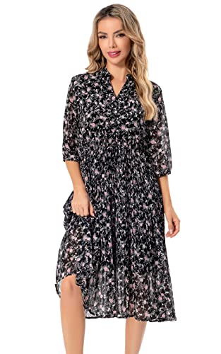 Image of Shineflow Women's Short Sleeve V-Neck 3 /4 Sleeve Button Up Chiffon Floral Pleated Midi Swing Dress with Belt