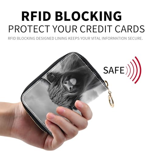 Small Womens Wallet RFID Blocking Card Holder Cute Leather Zipper Coin Purse with Key Ring Mystic Highland Cow Monochrome2