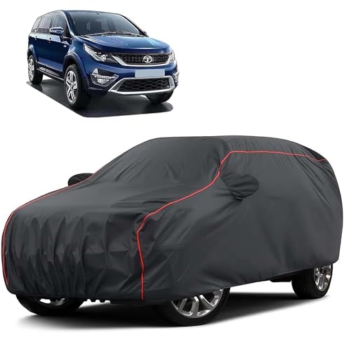 Image of Sulfar 100% Water Resistant Car Body Cover Compatible with Mirror for Tata Hexa (Triple Stitched, Full Bottom Elastic, Dark Grey Taffeta with Red Piping)