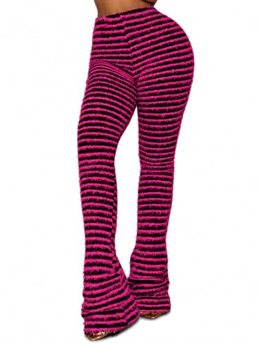 Wcuvbv Stacked Pants for Women Fuzzy Striped High Waist Patchwork Bodycon Bell Bottoms Sweatpants Pink L - image 1