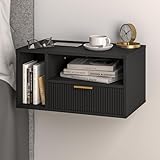 JERX Floating Bedside Table, Wall Mounted Nightstand with Storage Drawer Modern Wooden Bedside Table for Bedroom Black