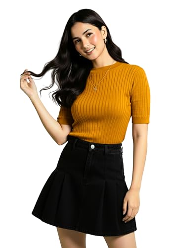Image of Women Ribbed Knit Top | Solid Slim Fit Half Sleeve Top for Women | Stretchable Casual & Office Wear T-Shirt