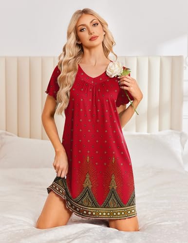 Image of Ekouaer Nightgowns for Women Short Sleeve House Dress with Pockets Pleated Soft Moomoo V Neck Sleepwear