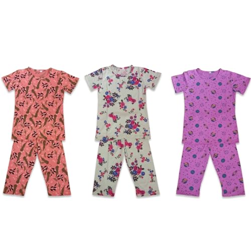 Image of Girls Pure Cotton Casual Round neck regular feet Multi Color Girls night dress Half Sleeve set of 3 pcs