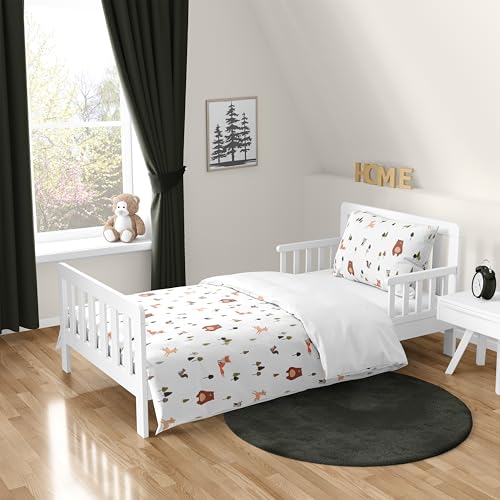 Image of Sweet Jojo Designs 5-Piece Toddler Bedding Set (Woodland Animals) for Girls & Boys, Kids incl. Bed in a Bag Comforter, Blanket, Pillowcase, Sham & Sheets (Sage Green, Watercolor, Forest Animal Friend)