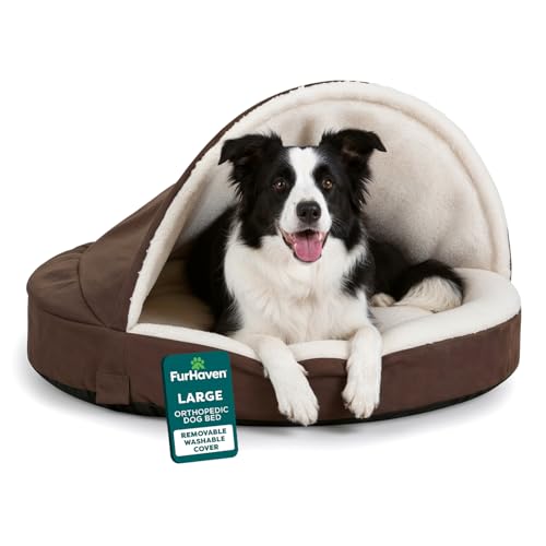 Furhaven 35' Round Orthopedic Dog Bed for Large/Medium Dogs w/ Removable Washable Cover, For Dogs Up to 50 lbs - Sherpa & Suede Snuggery - Espresso, 35-inch