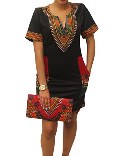 Shekiss Womens Bohemian African Dashiki Skirts Traditional Tribal Festival Midi Dresses Black/Red #TOP1