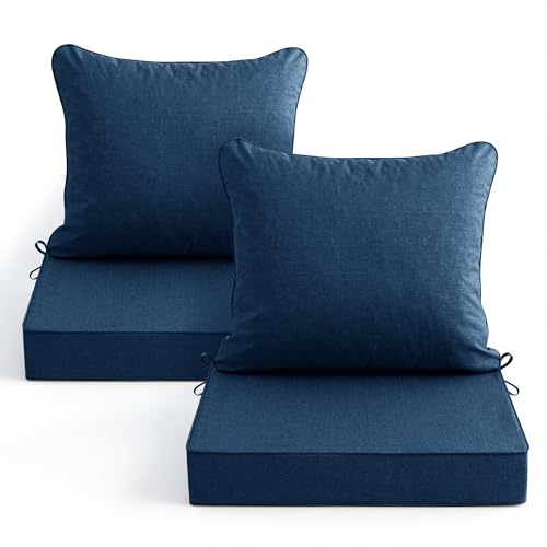 Image of Summsun Outdoor Chair Cushions, Faux Linen Backrest and Deep Seat Cushion Set for Patio Furniture with Weather Resistant Removable Cover, Ties, Non-Slip Bottom, 24 x 24 Inch, Navy, Set of 2