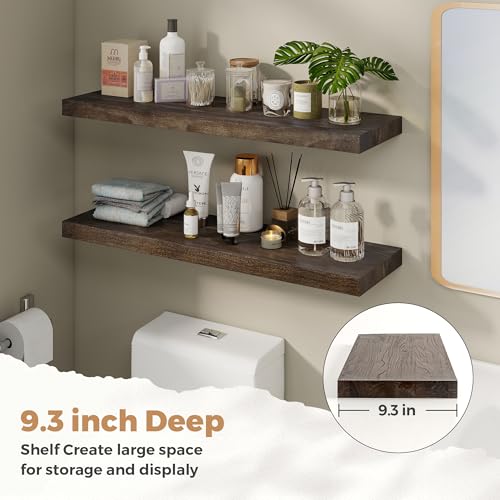 Image of RICHFOCUS Elm Floating Shelves for Wall - 36 inch W x 9.3 inch D Rustic Solid Wood Shelves with Invisible Bracket, Wall-Mounted for Living Room, Bedroom, Kitchen Storage & Display, Set of 2, Walnut