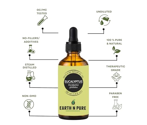 Image of Earth N Pure Eucalyptus Essential Oil for Aromatherapy & Diffuser - 100% Pure Premium Eucalyptus Oil for Steam Inhalation, Fresh Air & Home Use - Natural Essential Oil - 100ml